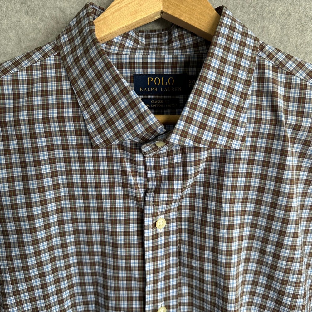 Polo Ralph Lauren Mens XXL Classic Fit Plaid Button Down Shirt Brown Blue Cotton